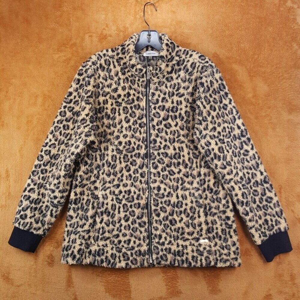 CALVIN KLEIN Womens Jacket Large Tan Leopard Zip Up Sherpa Plush Teddy Pockets